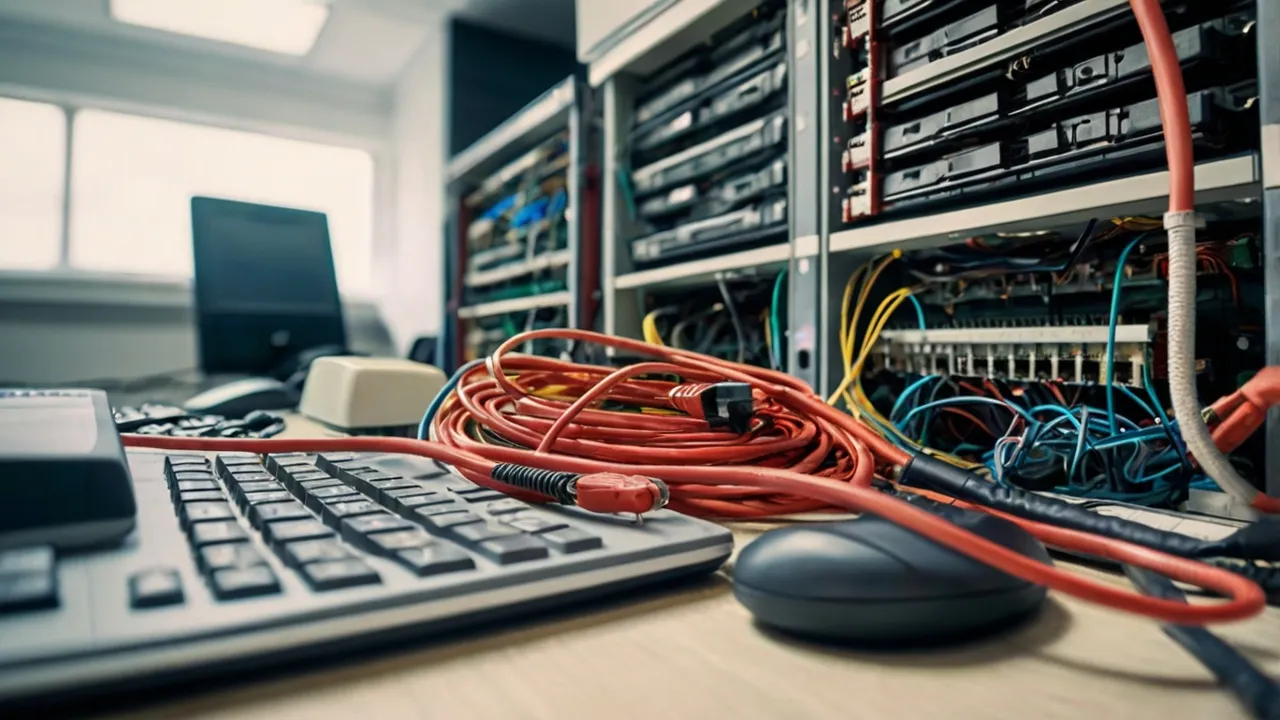 Server und Laptop, verbunden durch Kabel und Drähte in einem Rechenzentrum