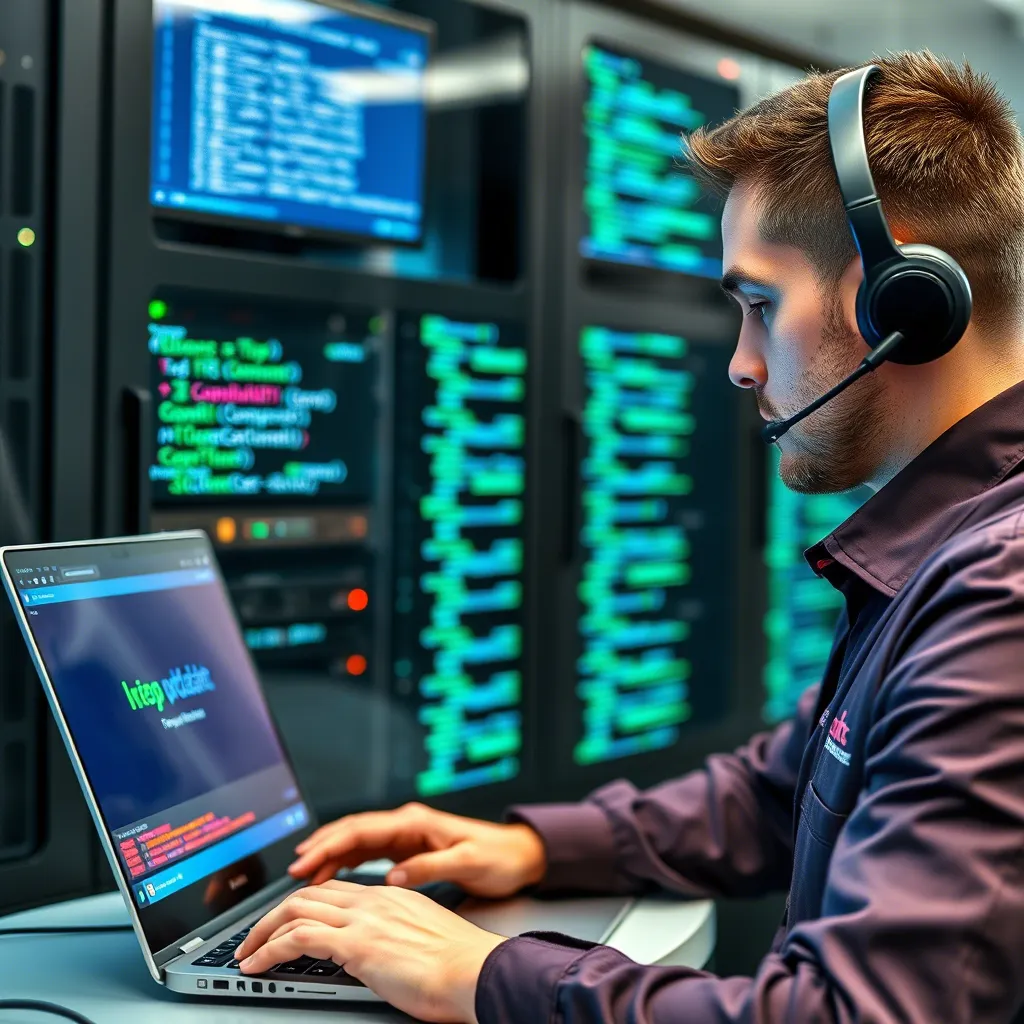 Ein Softwareentwickler arbeitet mit einem Laptop im Serverraum, umgeben von sichtbaren Server-Racks.